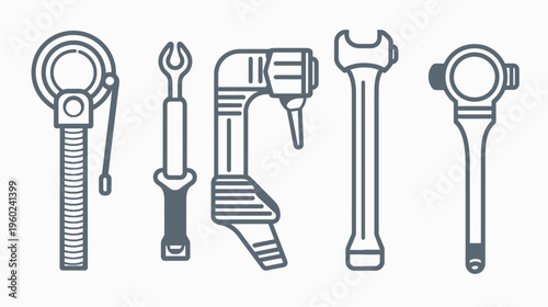 Simplified line art depicting five different hand tools, each with distinct shapes and functions