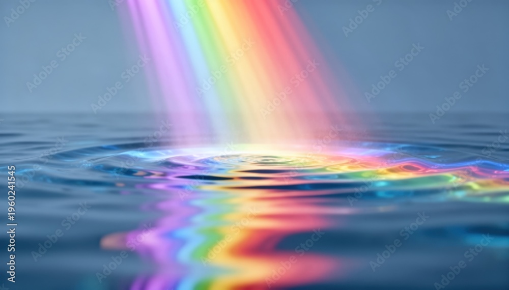 Fototapeta premium Chromatic Reflections: A vibrant rainbow bursts forth, its colors dancing upon the surface of rippling water, creating a spectacle of light and refraction. 