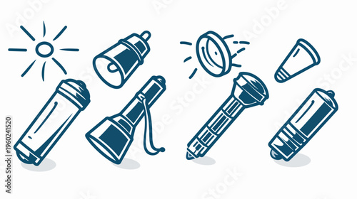 Stylized illustration featuring various light sources flashlights, a lightbulb, and the sun