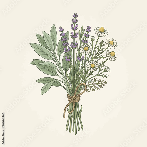 Illustration of a fresh herb bouquet with aromatic lavender, calming chamomile, and green sage tied with string, for natural wellness