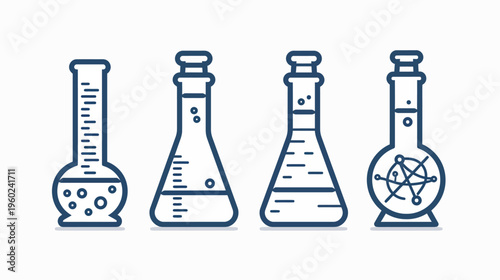 A collection of stylized laboratory flasks and beakers in a clean, minimalist blue-line style
