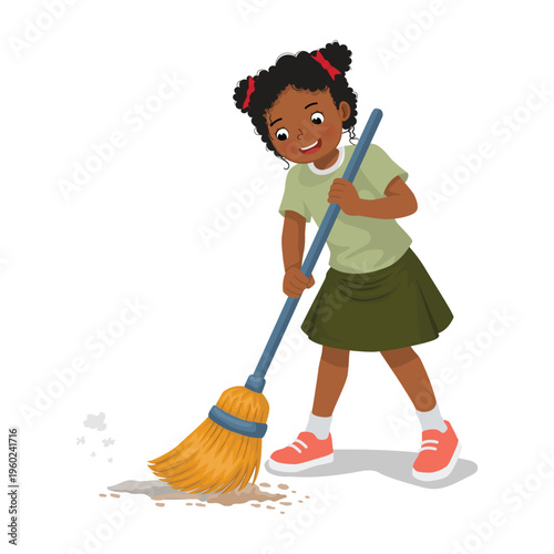Little African girl sweeping the floor with a broom
