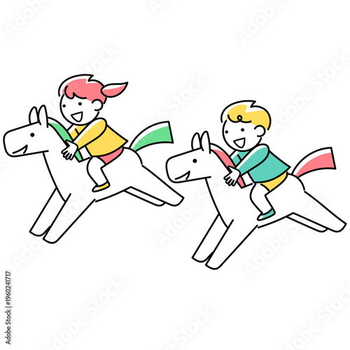 仔馬に乗っている女の子と男の子