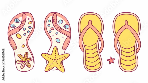 Colorful illustrated set of flip-flops and starfish, perfect for summer beach vacations