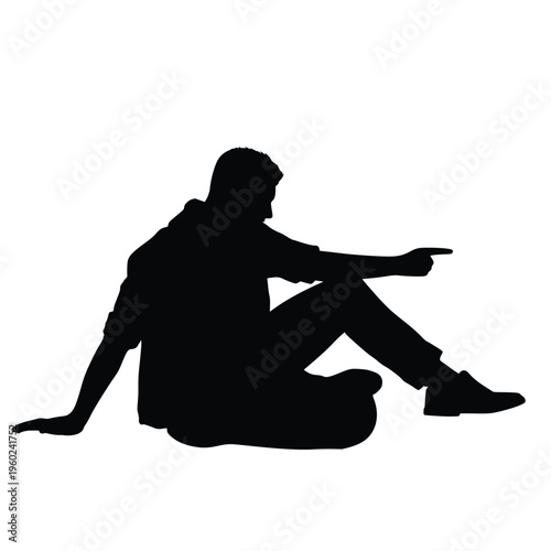Silhouette of a man sitting on the floor and pointing his finger forward, explaining something or directing while resting isolated on white background