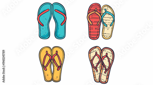 Four pairs of illustrated flip-flops in various colors, with colored straps, outlined on a white background