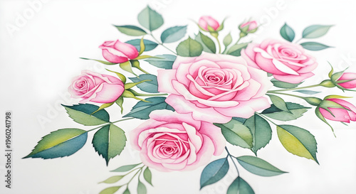 Pink roses and buds with green foliage