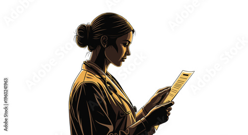 Focused woman in profile using digital tablet with bright backlight isolated