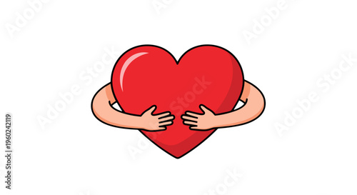 Cartoon red heart embracing itself with arms symbolizing self love and care