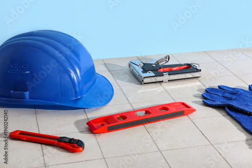 Spirit level, tools and har...
