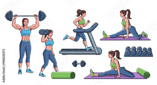 Diverse fitness activities weightlifting cardio stretching and core exercises