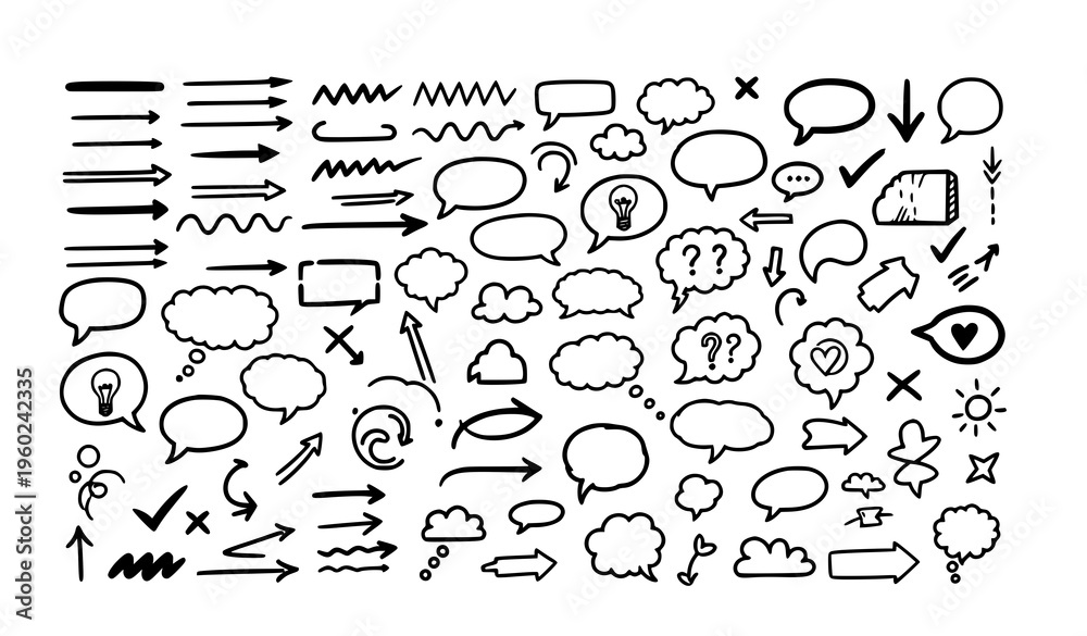 Fototapeta premium Grunge Marker Doodle Underlines Arrows Speech Bubbles and Shapes Hand Drawn Vector Set