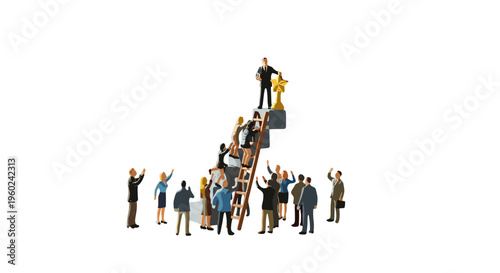 Businessmen climbing ladder to success teamwork and leadership concept on white