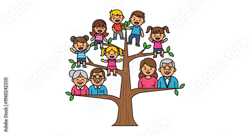 Diverse cartoon family tree illustration showing multiple generations and children