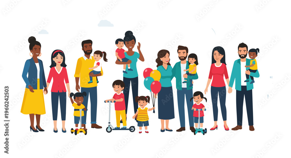 Obraz premium Diverse group of smiling people and children celebrating together with balloons