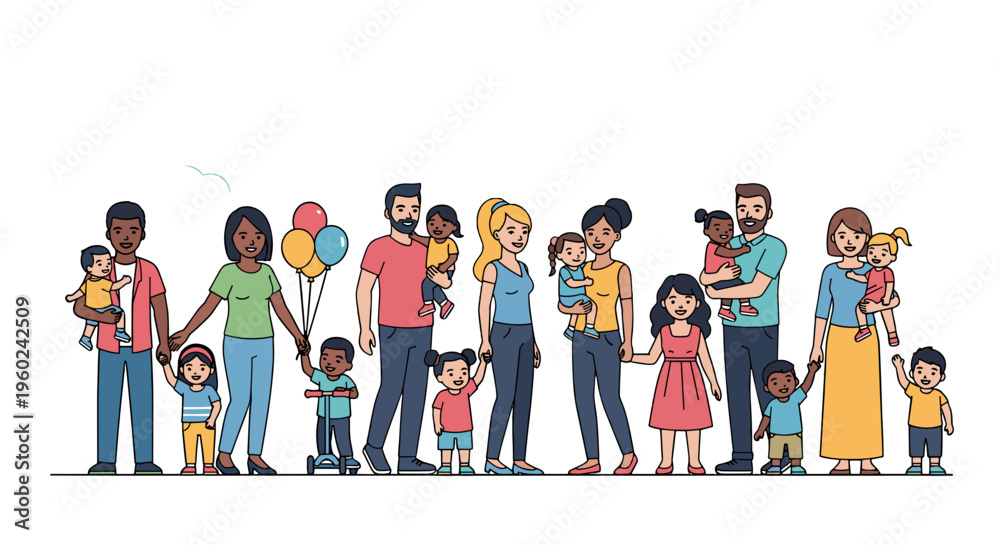 Obraz premium Diverse family groups holding hands and children representing unity love