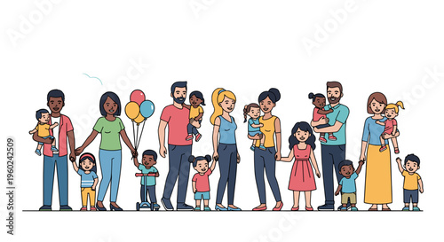 Diverse family groups holding hands and children representing unity love