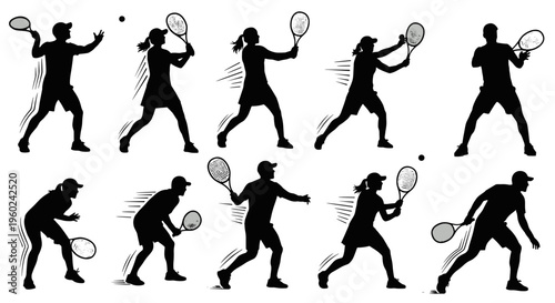 Dynamic silhouettes of tennis players in action capturing various strokes