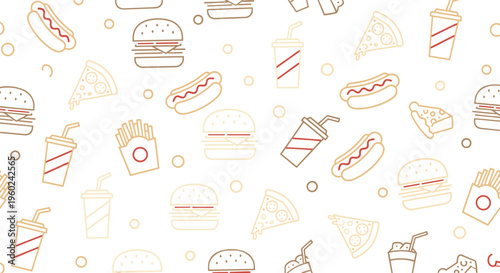 Seamless pattern of fast food icons including burgers hot dogs pizza and drinks