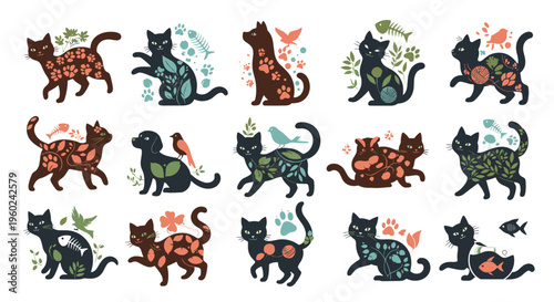 Whimsical folk art style cats and dogs decorated with floral patterns and nature