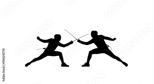Two silhouetted fencers in dynamic poses with swords clashing in a competitive duel