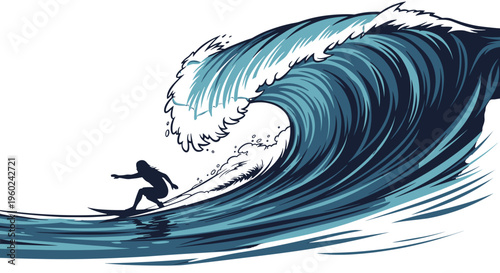 Surfer riding a massive ocean wave with spray and foam dynamic water sport