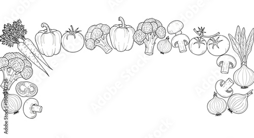 Line art border of fresh vegetables and mushrooms hand drawn sketch style