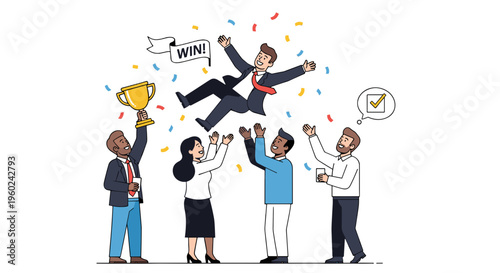 Diverse team celebrates successful achievement by tossing colleague in air