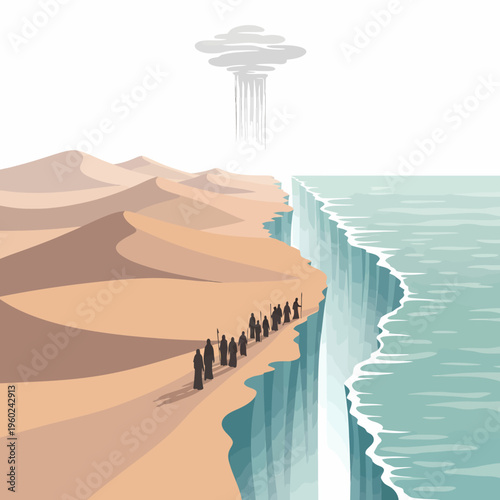 A line of figures walks along a narrow path between towering sand dunes and a deep blue sea under a mysterious cloud formation.