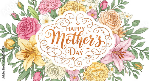 Happy mother's day floral greeting card with lush blooming flowers and elegant