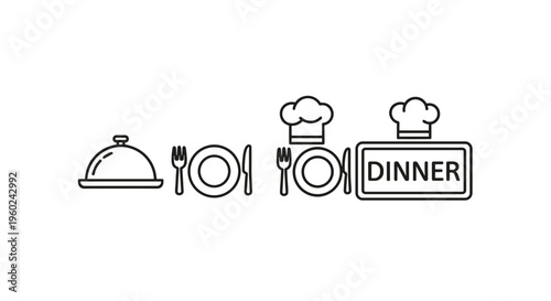 Restaurant dinner service icons cloche place setting chef hats and dinner sign