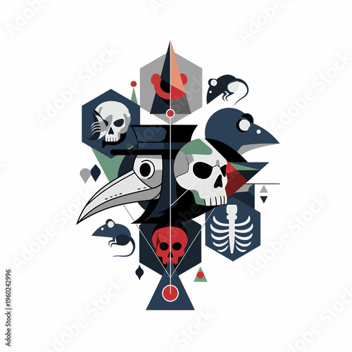 Stylized geometric illustration of a plague doctor, skulls, rats, and a ribcage, depicting themes of historical disease and mortality.