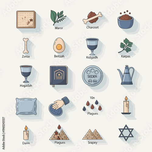 A grid of colorful flat design icons representing various symbols and elements of the Jewish Passover Seder, including ritual foods, objects, and historical references.
