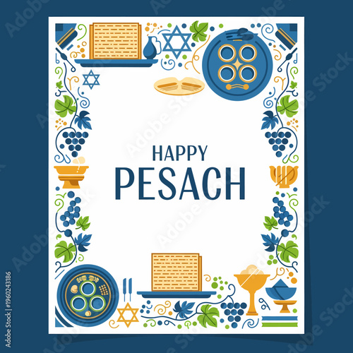 Happy Pesach greeting card with traditional Jewish Passover Seder symbols and decorative border.