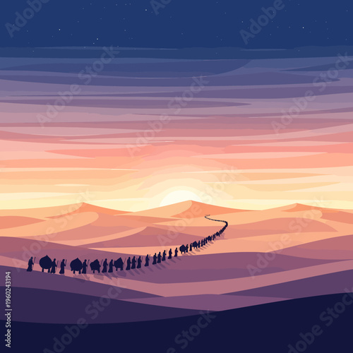 A long caravan of travelers and pack animals journeying across a vast, stylized desert landscape at sunset, with a colorful sky and winding path.