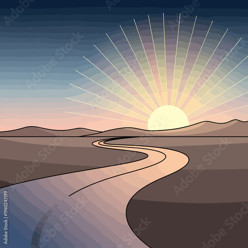 A stylized illustration of a winding road leading towards a radiant sunrise or sunset over a barren landscape with rolling hills.