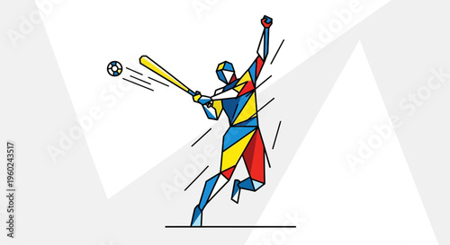 Abstract geometric illustration of a baseball player in action, swinging a bat and hitting a ball with dynamic motion lines.