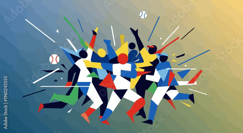 Excited baseball team celebrates a successful slide into base with cheering fans and lightning bolts in the background.