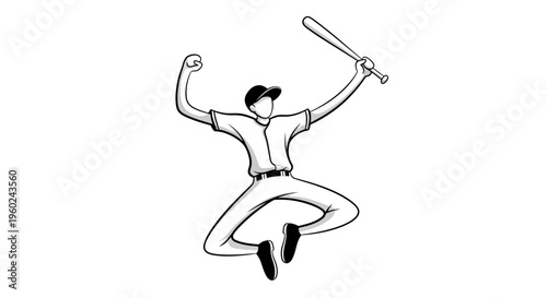 Stylized black and white illustration of a baseball player jumping in a celebratory pose with a bat and clenched fist.