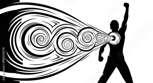 A powerful black and white graphic illustration of a person's silhouette with a raised fist, emanating swirling energy from their chest, symbolizing inner strength and determination.