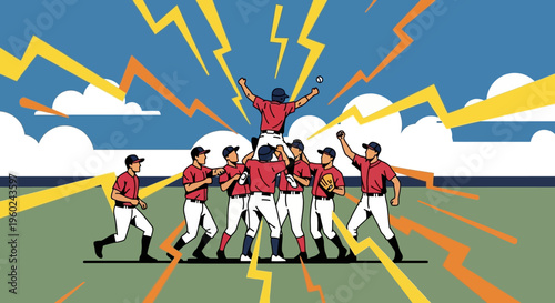 A baseball team celebrates a victory on the field, lifting a player into the air under a sky with lightning bolts.