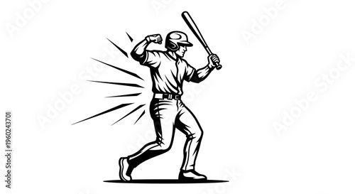 Black and white illustration of a baseball player swinging a bat with dynamic motion lines.