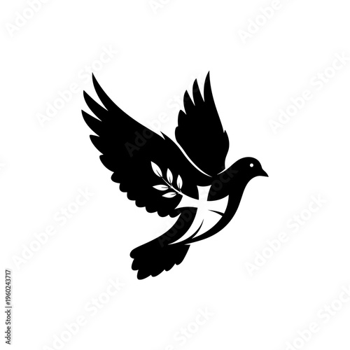 Black dove with olive branch symbol.