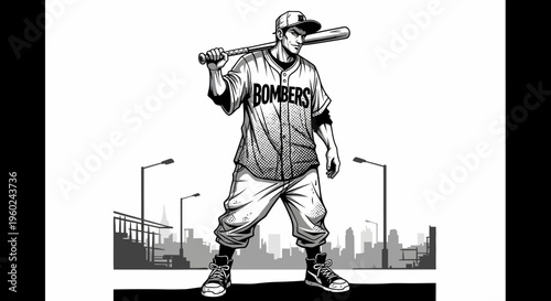 Monochromatic illustration of a baseball player in a 'BOMBERS' jersey holding a bat over his shoulder, standing in front of a stylized city skyline.