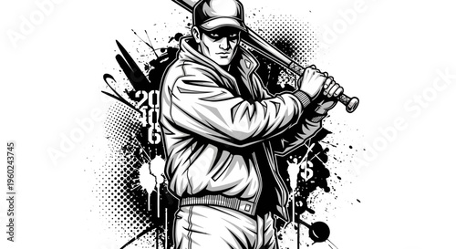 Gritty black and white illustration of a baseball player in a cap and jacket holding a bat with urban grunge background.