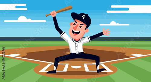 Cartoon baseball player with a bat on a green field under a blue sky, celebrating a hit or victory.