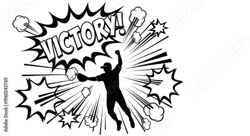 Dynamic black and white graphic illustration of a baseball player celebrating a victory with comic book style speech bubbles and explosion effects.