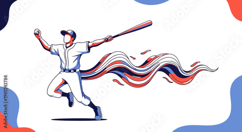 A dynamic illustration of a baseball player running with a bat and ball, leaving a colorful red, white, and blue trail.