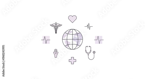 Illustration of a globe surrounded by medical symbols for World Health Day social media design and celebration template with a health theme