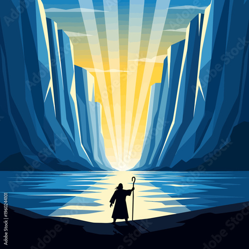 A lone figure, resembling Moses with a staff, stands before a miraculously parted sea with towering walls of water, illuminated by a radiant light from the horizon.